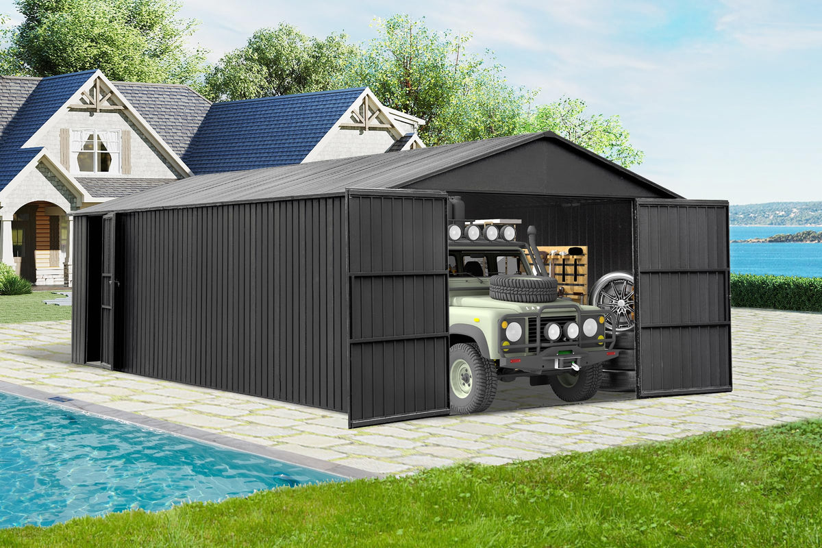 12x25FT Outdoor Metal Garage Shed with Lockable Doors - Dark Gray