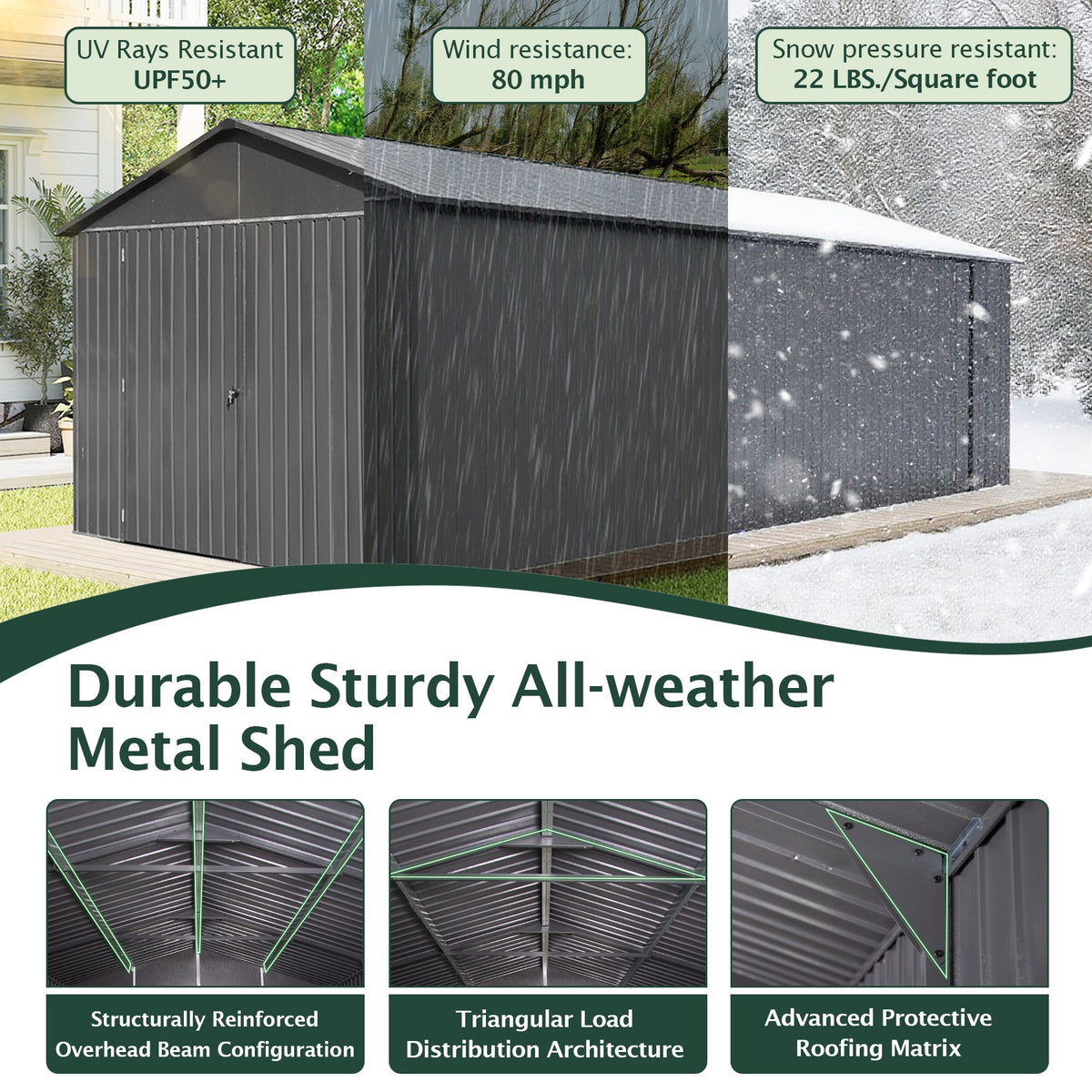 12x15FT Outdoor Metal Garage Shed with Lockable Doors - Metal