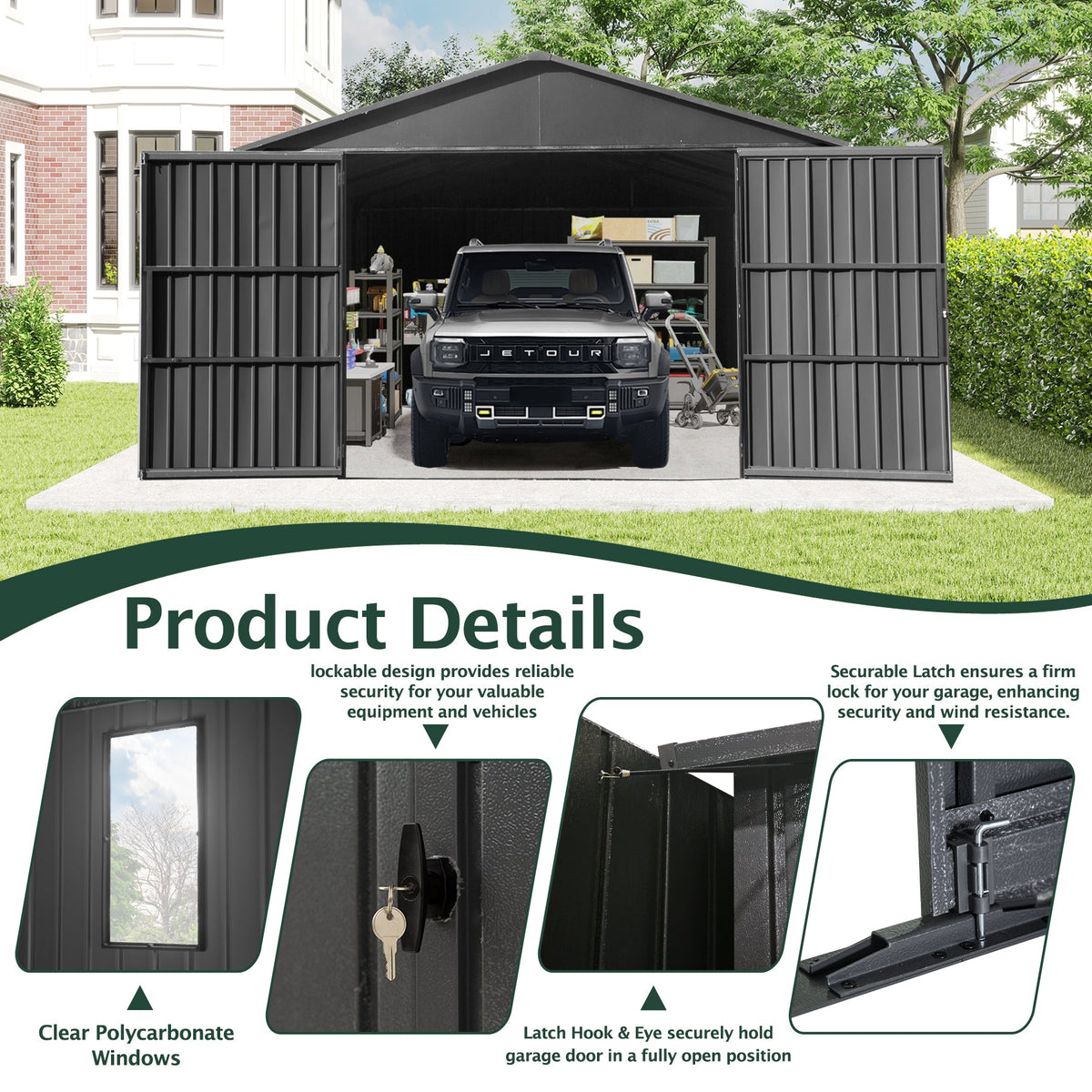 12x15FT Outdoor Metal Garage Shed with Lockable Doors - Metal