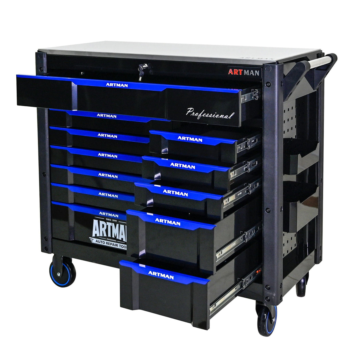 12 Layer Drawer Multi Purpose Tool Cart with Wheels and Iron Top - Black / Blue