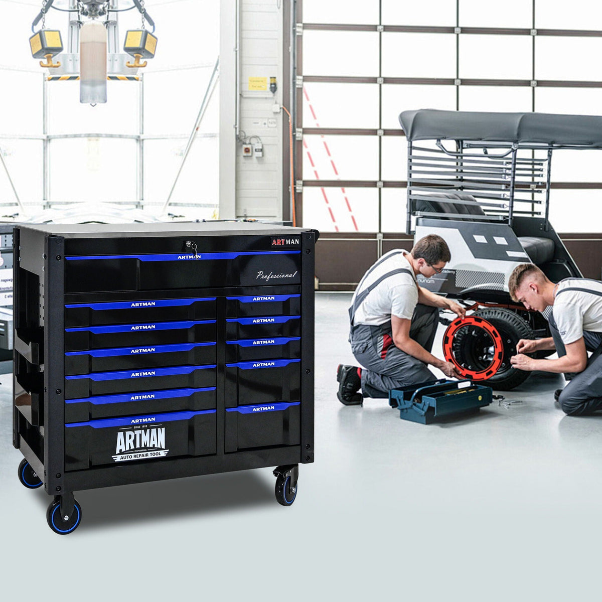 12 Layer Drawer Multi Purpose Tool Cart with Wheels and Iron Top - Black / Blue