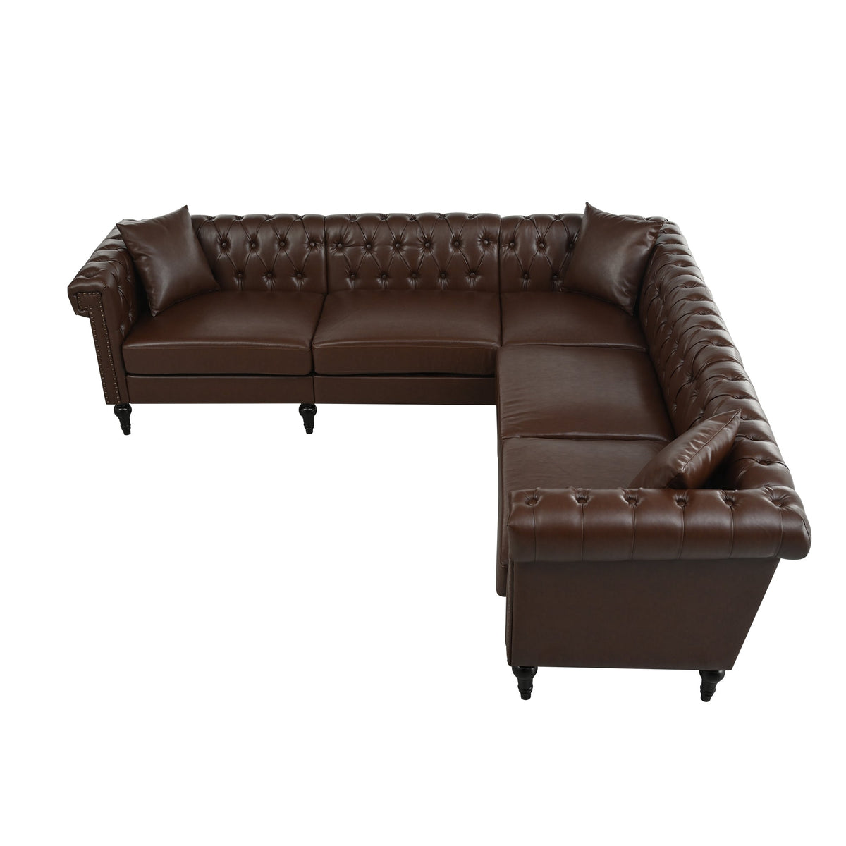 5-Seat L-Shaped Sectional Sofa – Dark Brown PU Leather | Chesterfield Style with Pocket Springs