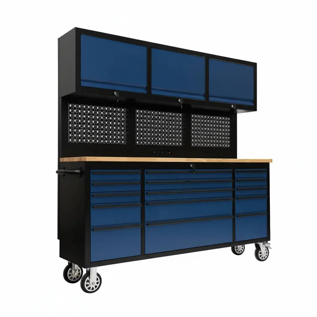 GTools GT7218 72" Rolling Tool Chest Workstation | 15 Drawers | Overhead Cabinets | LED Light | Pegboard & Power Strip