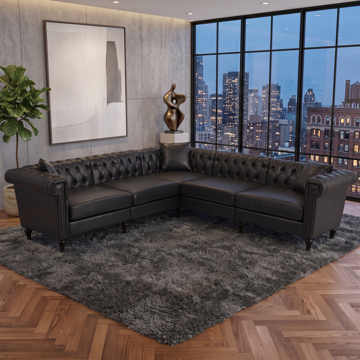 5-Seat L-Shaped Sectional Sofa – Black PU Leather | Chesterfield Style with Pocket Springs