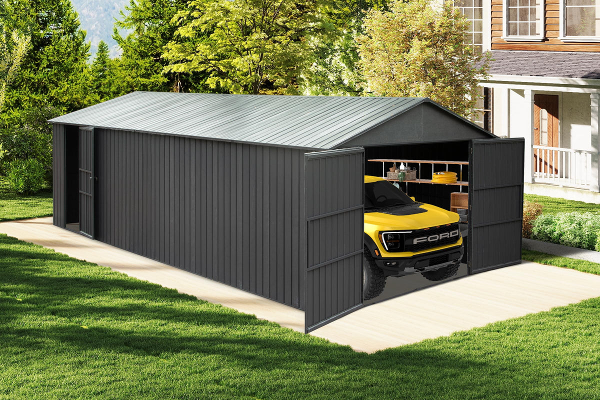 12x20ft Outdoor Metal Garage Shed with Lockable Double Doors - Dark Gray