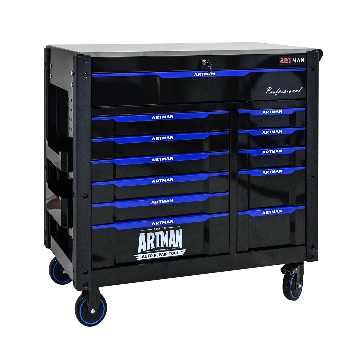 12 Layer Drawer Multi Purpose Tool Cart with Wheels and Iron Top - Black / Blue