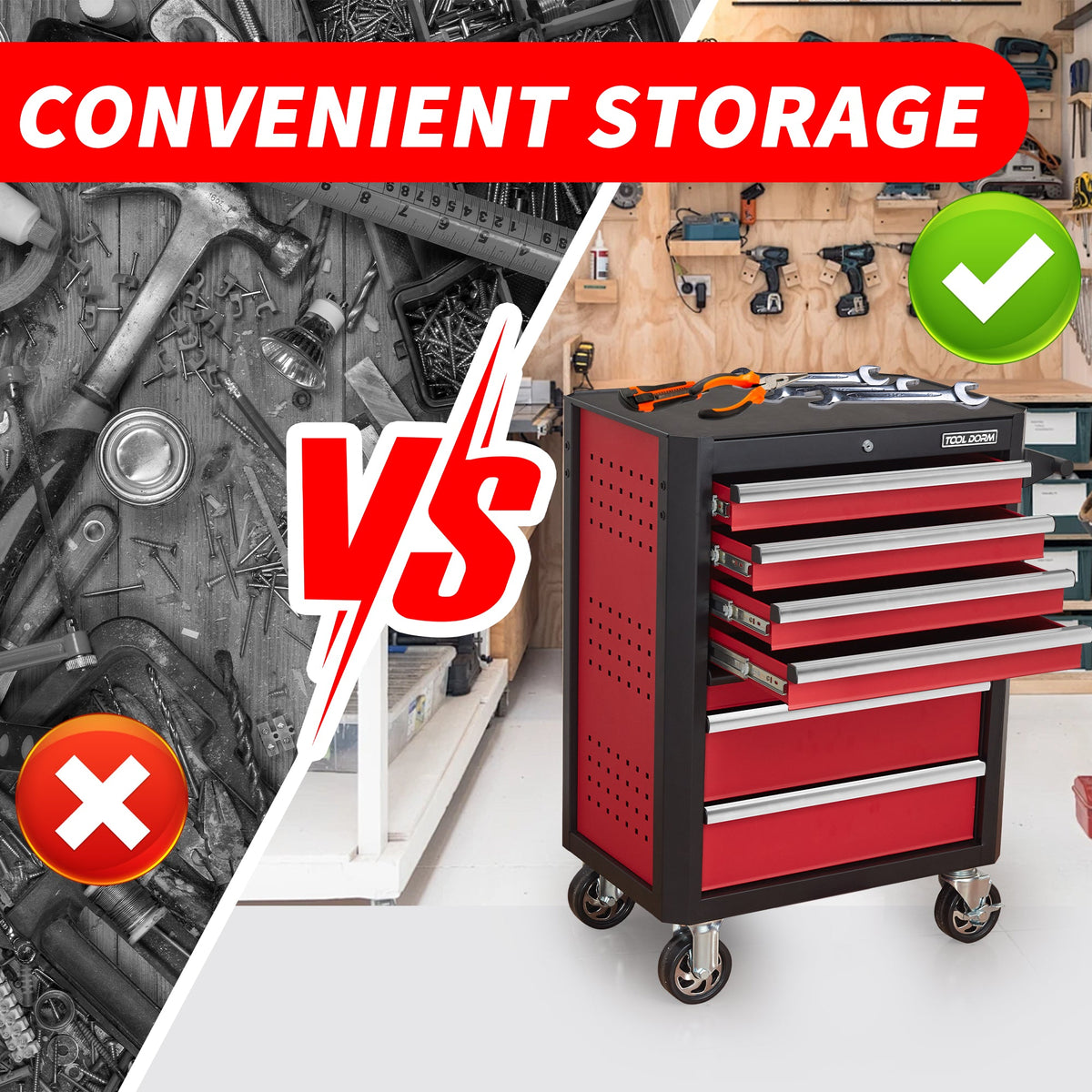 7-Drawer Rolling Tool Chest with Locking Wheels - Black+Red