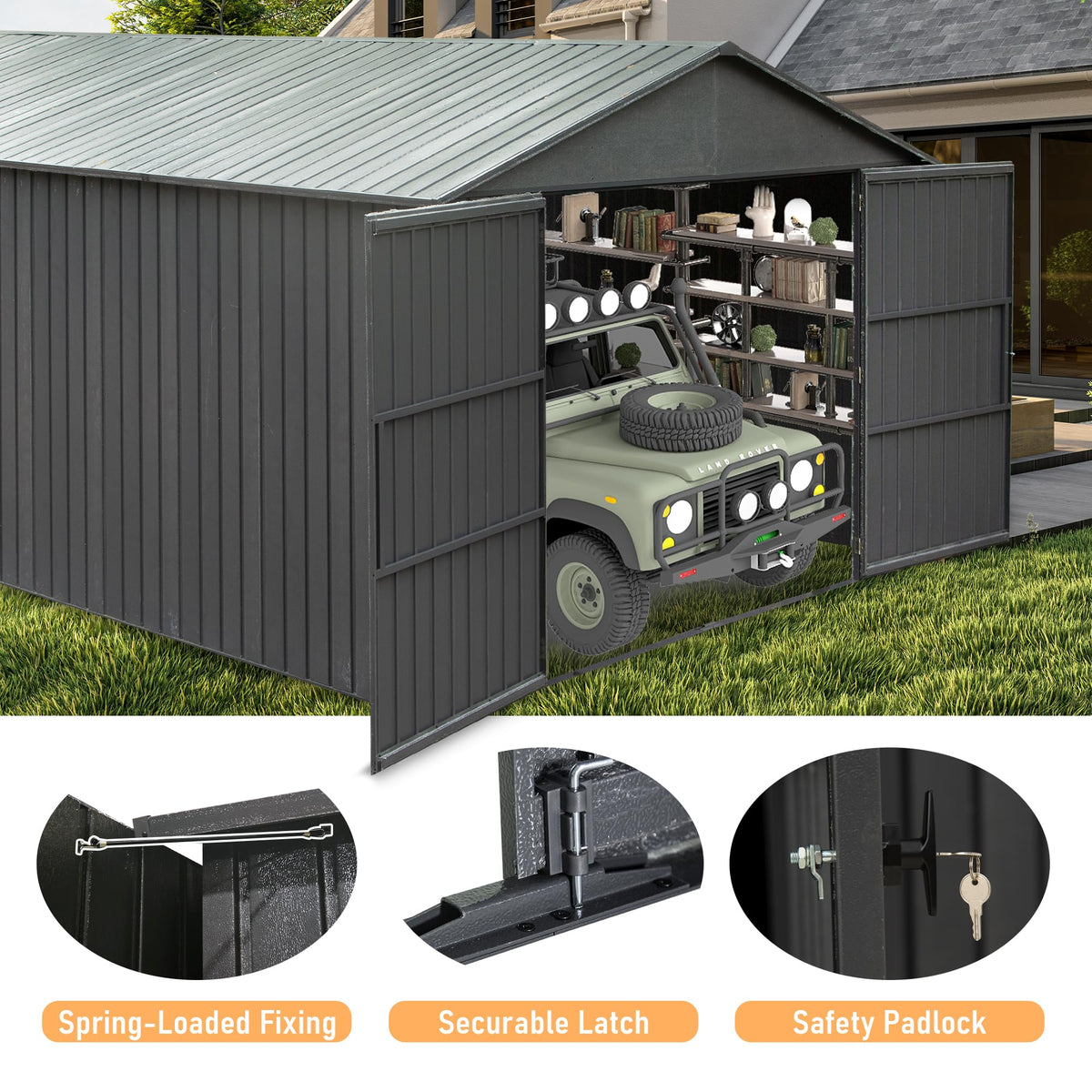 12x25FT Outdoor Metal Garage Shed with Lockable Doors - Dark Gray