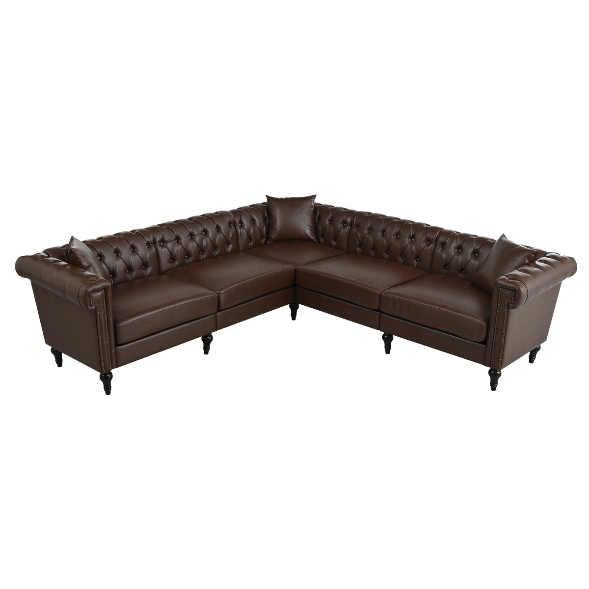 5-Seat L-Shaped Sectional Sofa – Dark Brown PU Leather | Chesterfield Style with Pocket Springs