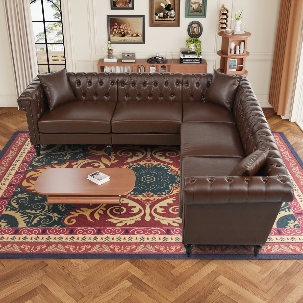 5-Seat L-Shaped Sectional Sofa – Dark Brown PU Leather | Chesterfield Style with Pocket Springs