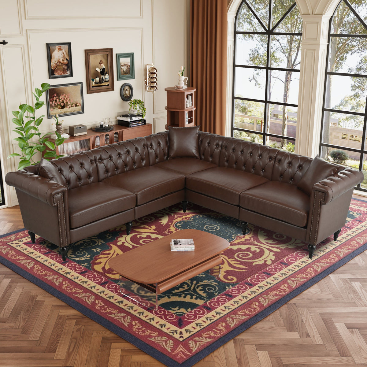 5-Seat L-Shaped Sectional Sofa – Dark Brown PU Leather | Chesterfield Style with Pocket Springs