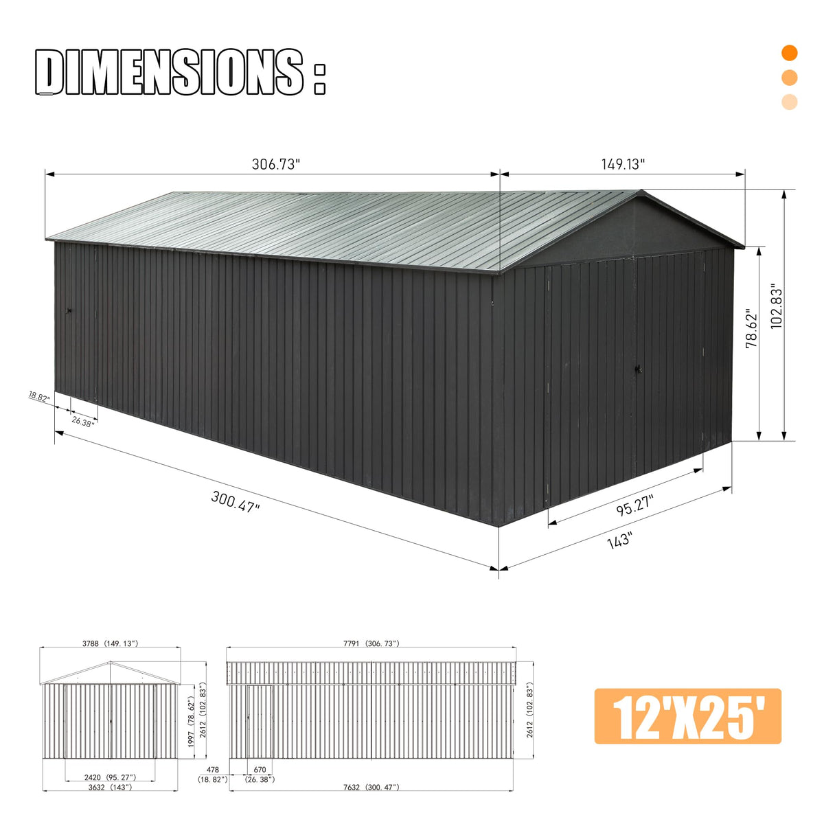 12x25FT Outdoor Metal Garage Shed with Lockable Doors - Dark Gray