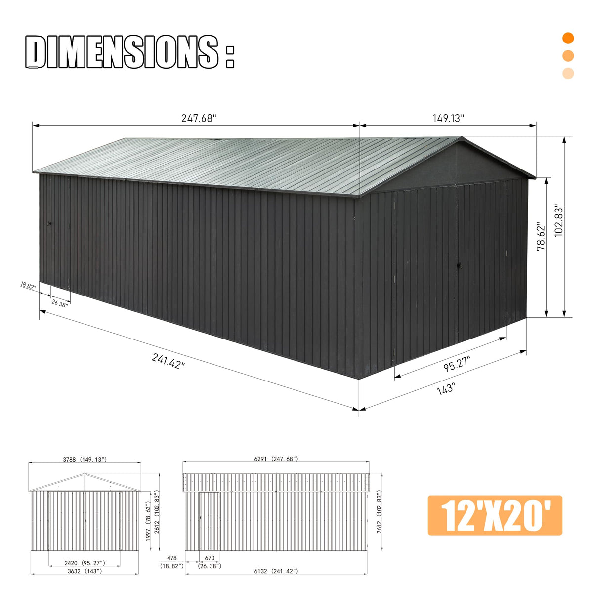 12x20ft Outdoor Metal Garage Shed with Lockable Double Doors - Dark Gray