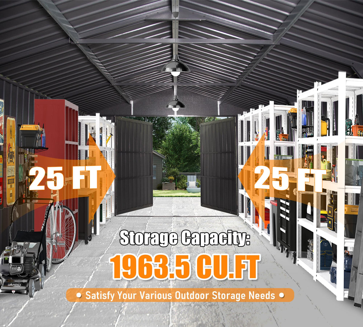 12x25FT Outdoor Metal Garage Shed with Lockable Doors - Dark Gray