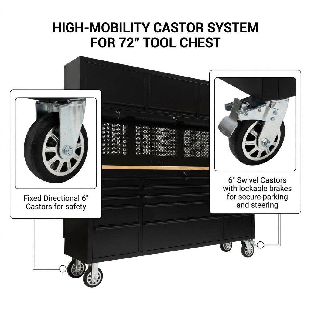GTools GT7218 72" Rolling Tool Chest Workstation | 15 Drawers | Overhead Cabinets | LED Light | Pegboard & Power Strip