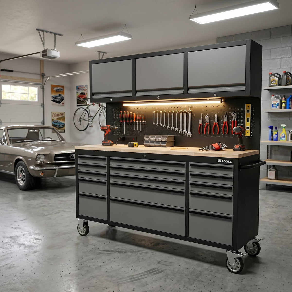 GTools GT7218 72" Rolling Tool Chest Workstation | 15 Drawers | Overhead Cabinets | LED Light | Pegboard & Power Strip