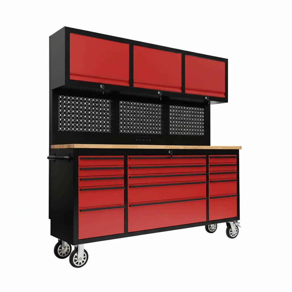 GTools GT7218 72" Rolling Tool Chest Workstation | 15 Drawers | Overhead Cabinets | LED Light | Pegboard & Power Strip