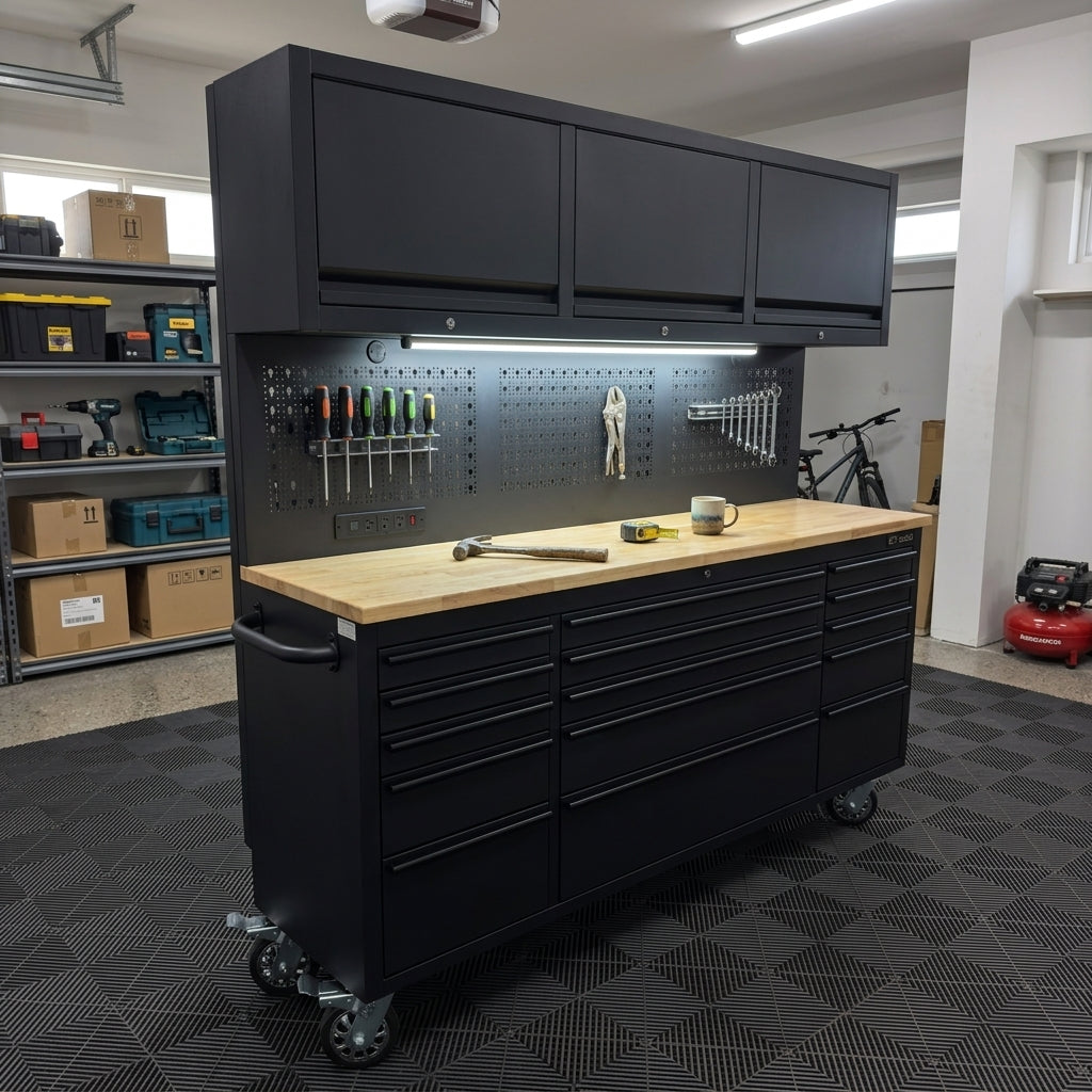 GTools GT7218 72" Rolling Tool Chest Workstation | 15 Drawers | Overhead Cabinets | LED Light | Pegboard & Power Strip