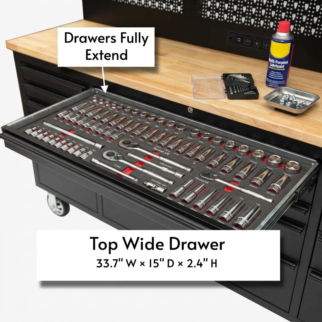 GTools GT7218 72" Rolling Tool Chest Workstation | 15 Drawers | Overhead Cabinets | LED Light | Pegboard & Power Strip