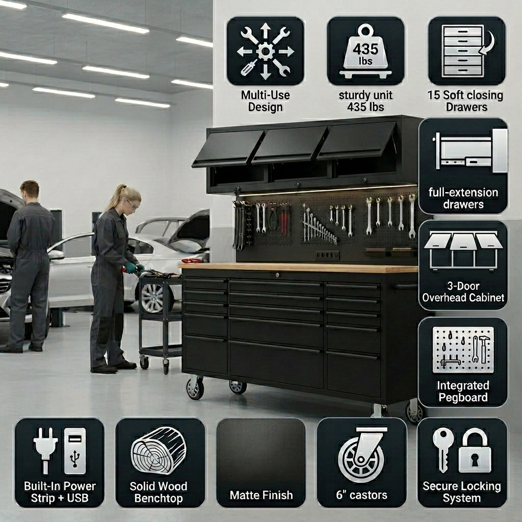 GTools GT7218 72" Rolling Tool Chest Workstation | 15 Drawers | Overhead Cabinets | LED Light | Pegboard & Power Strip