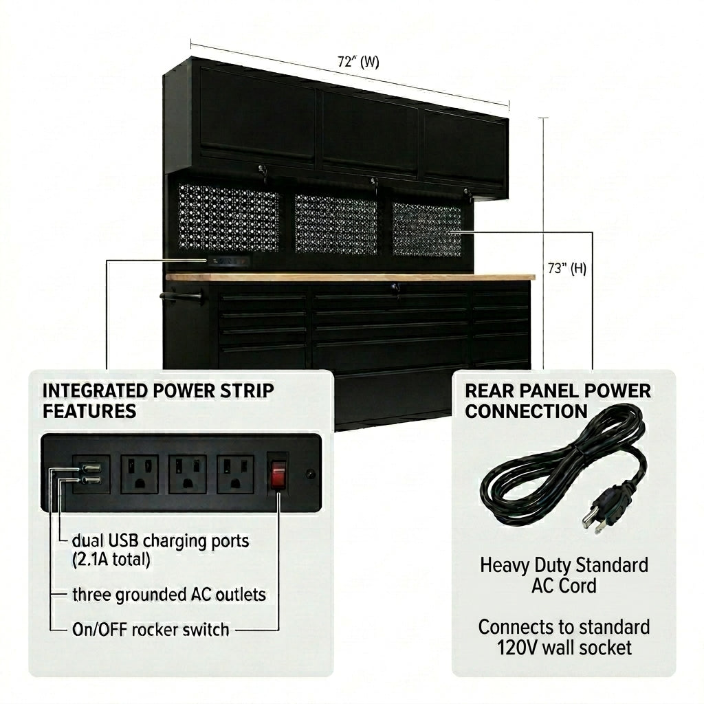 GTools GT7218 72" Rolling Tool Chest Workstation | 15 Drawers | Overhead Cabinets | LED Light | Pegboard & Power Strip