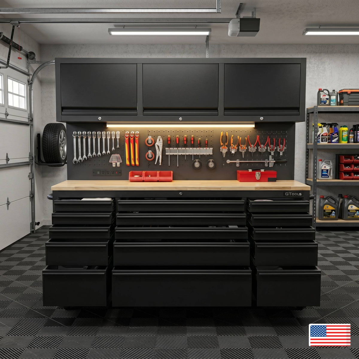 GTools GT7218 72" Rolling Tool Chest Workstation | 15 Drawers | Overhead Cabinets | LED Light | Pegboard & Power Strip