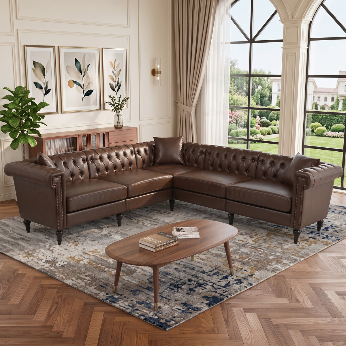 5-Seat L-Shaped Sectional Sofa – Dark Brown PU Leather | Chesterfield Style with Pocket Springs