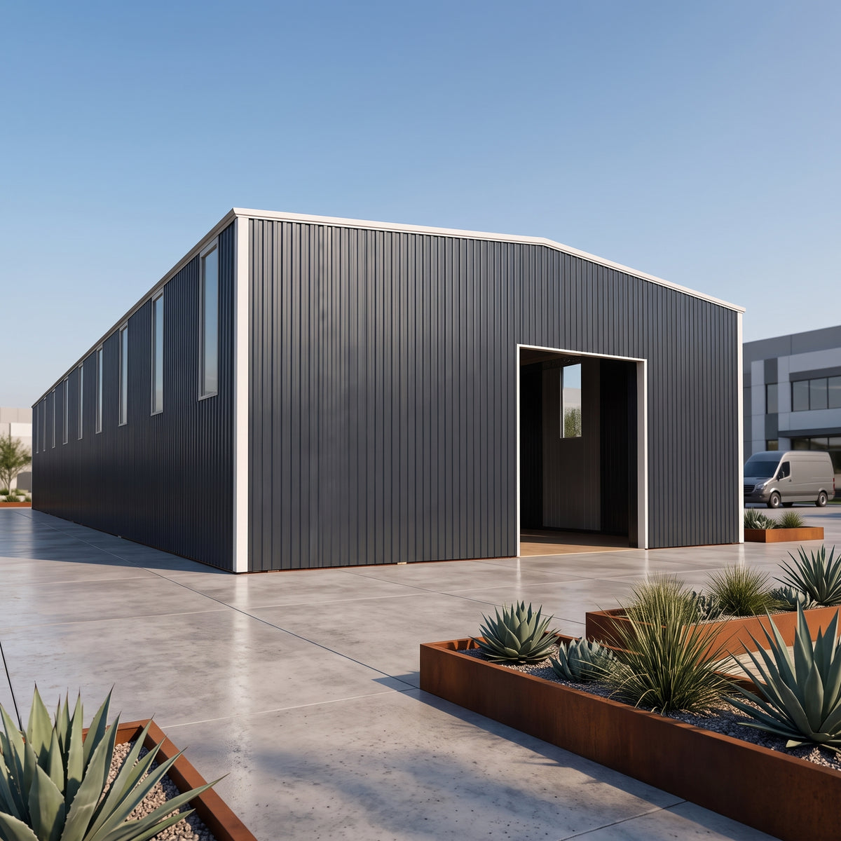 NorthForge SlateCrest Modern Metal Barn | 48x36x16 ft | 12-Gauge Steel | Clear-Span | 14x14 ft Opening | Insulated Windows