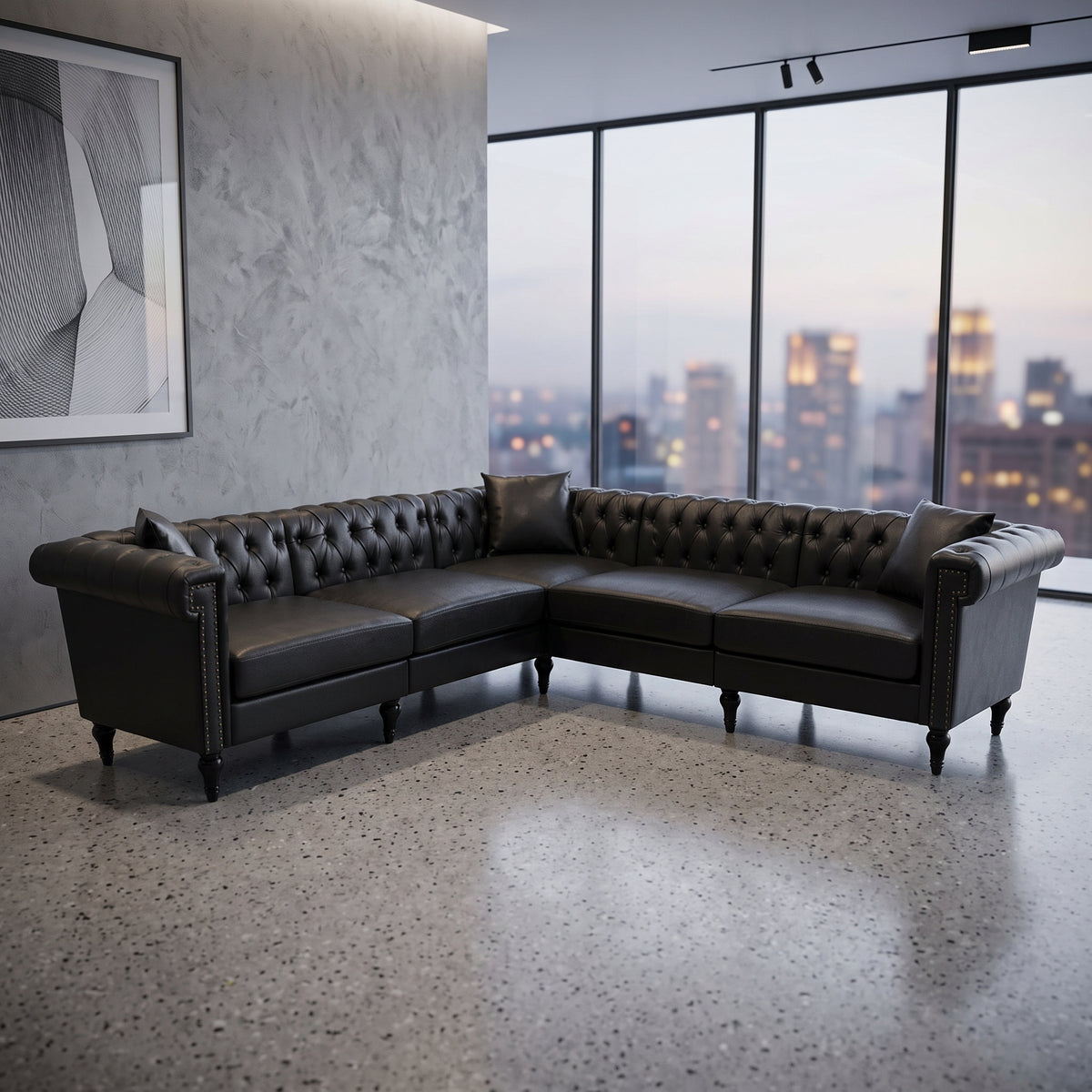 5-Seat L-Shaped Sectional Sofa – Black PU Leather | Chesterfield Style with Pocket Springs