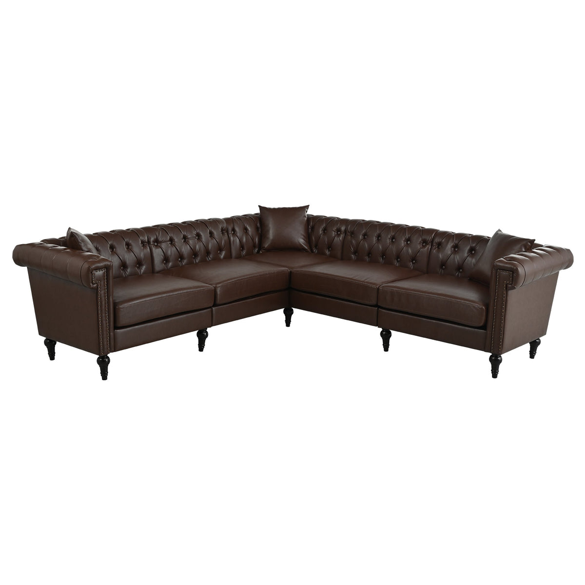 5-Seat L-Shaped Sectional Sofa – Dark Brown PU Leather | Chesterfield Style with Pocket Springs