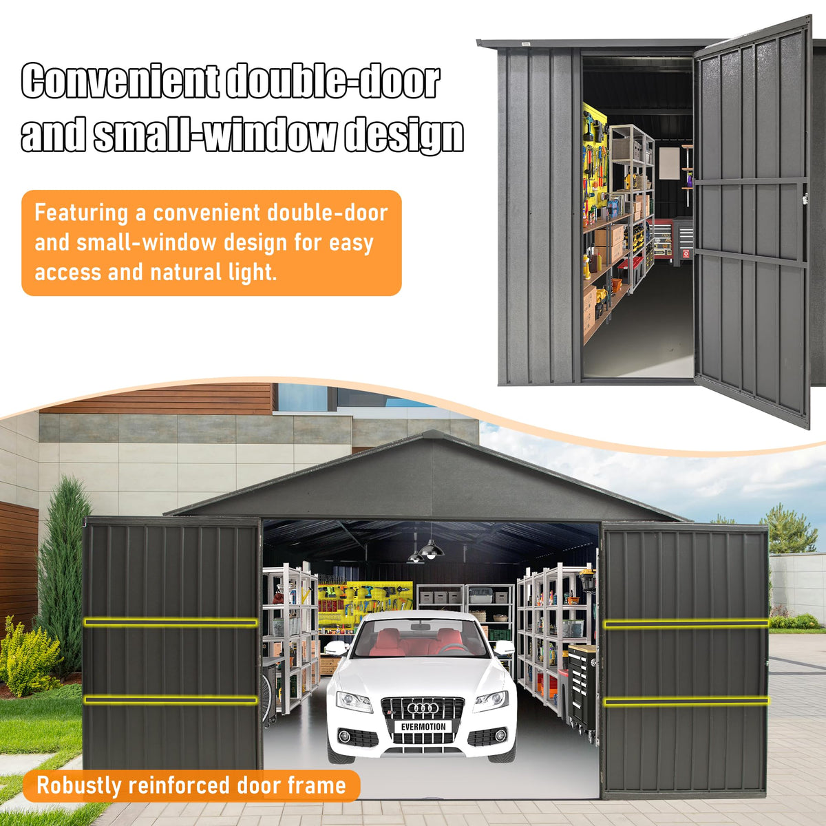 12x20ft Outdoor Metal Garage Shed with Lockable Double Doors - Dark Gray