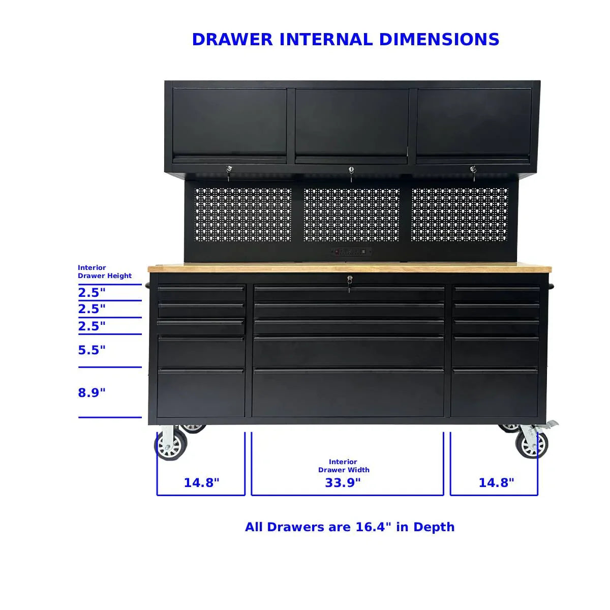 GTools GT7218 72" Rolling Tool Chest Workstation | 15 Drawers | Overhead Cabinets | LED Light | Pegboard & Power Strip